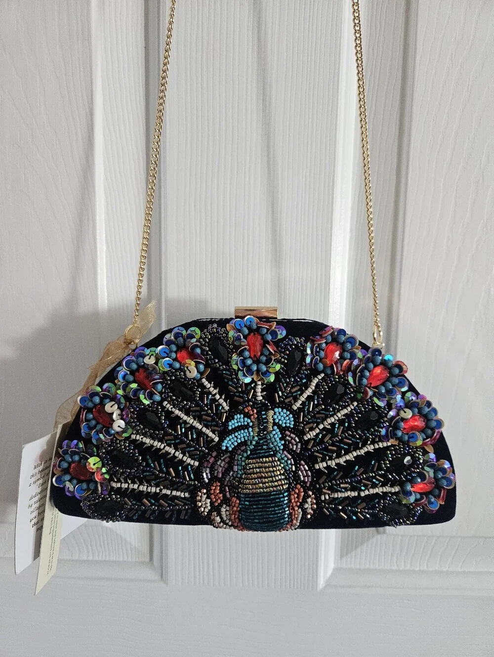 NWT Made In India Beaded Embellished Peacock Hard Case Clutch/Crossbody Bag